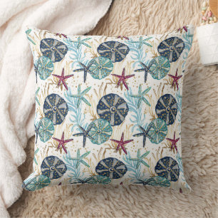 Elegant Blue and Gold Ocean Treasures Pattern Throw Pillow