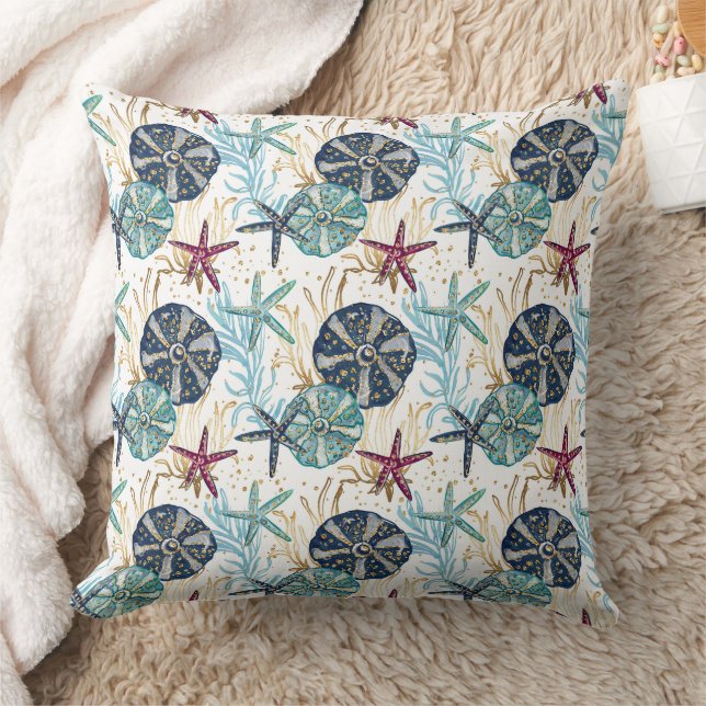 Elegant Blue and Gold Ocean Treasures Pattern Throw Pillow (Blanket)