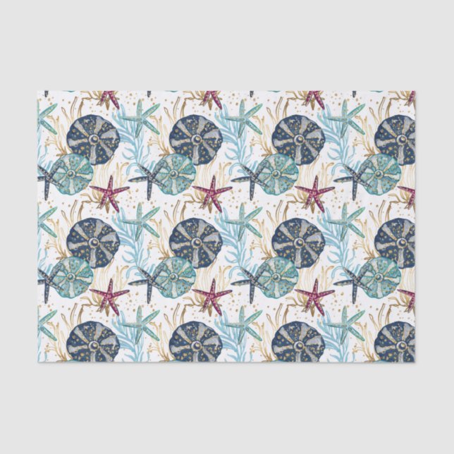 Elegant Blue and Gold Ocean Treasures Pattern Tissue Paper (Front)