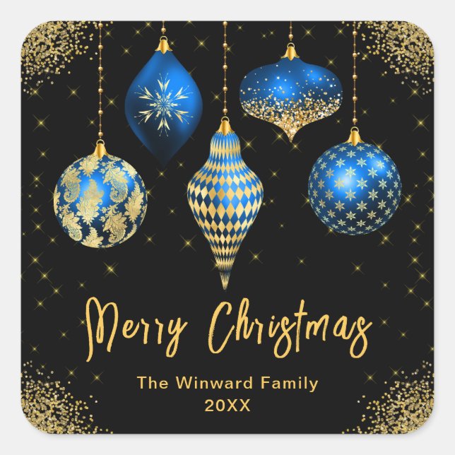 Elegant Blue and Gold Ornament Christmas Square Sticker (Front)