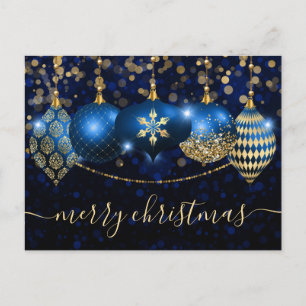 Elegant Blue and Gold Ornament Merry Christmas Holiday Postcard