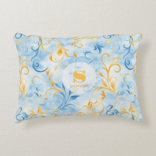 Elegant Blue and Gold Paisley-Inspired Leaf Accent Pillow
