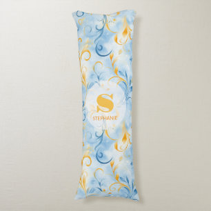Elegant Blue and Gold Paisley-Inspired Leaf Body Pillow