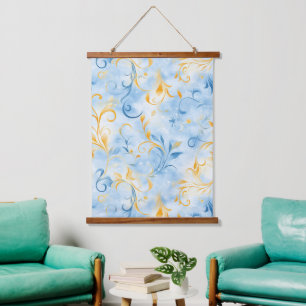 Elegant Blue and Gold Paisley-Inspired Leaf Hanging Tapestry