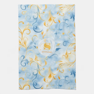 Elegant Blue and Gold Paisley-Inspired Leaf Kitchen Towel