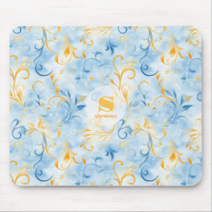 Elegant Blue and Gold Paisley-Inspired Leaf Mouse Pad