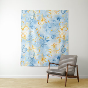 Elegant Blue and Gold Paisley-Inspired Leaf Tapestry