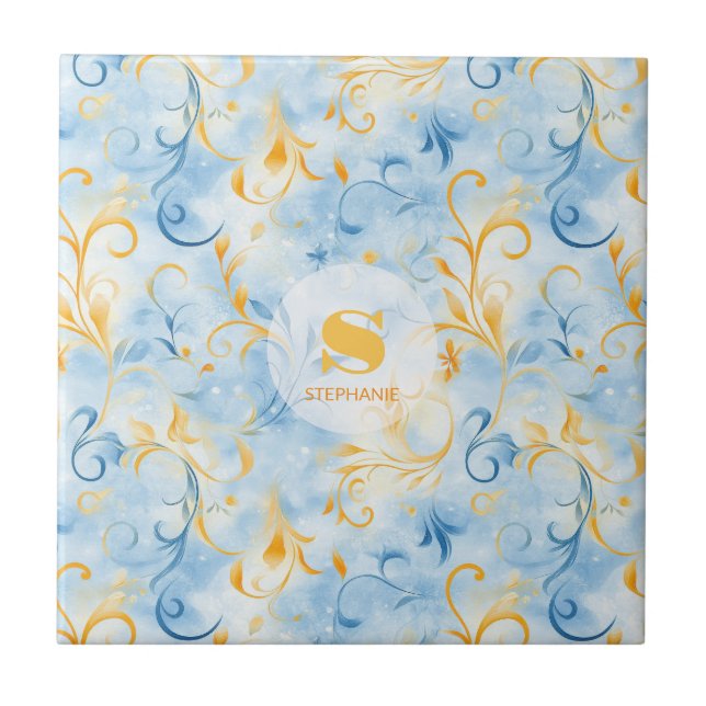 Elegant Blue and Gold Paisley-Inspired Leaf Tile (Front)