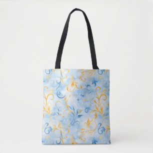Elegant Blue and Gold Paisley-Inspired Leaf Tote Bag