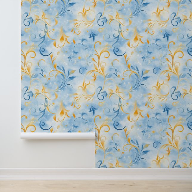 Elegant Blue and Gold Paisley-Inspired Leaf Wallpaper (Application)