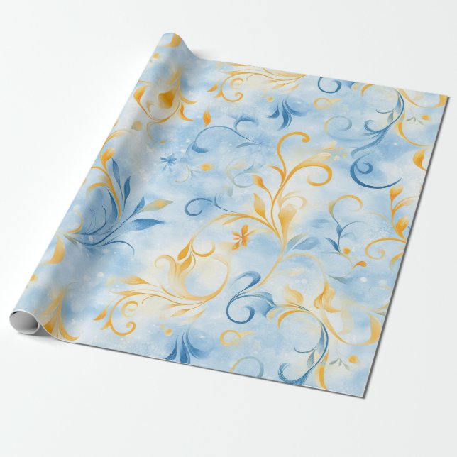 Elegant Blue and Gold Paisley-Inspired Leaf Wrapping Paper (Unrolled)