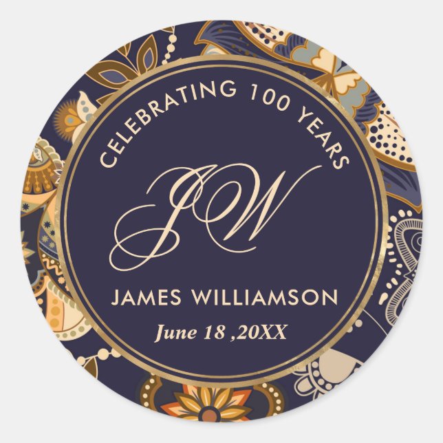 Elegant Blue and Gold Pattern 100th Birthday Classic Round Sticker (Front)