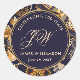 Elegant Blue and Gold Pattern 100th Birthday Classic Round Sticker