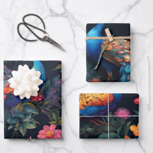 Elegant Blue and Gold Peacock in Colorful Garden Wrapping Paper Sheet