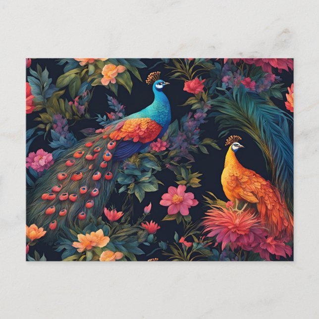 Elegant Blue and Gold Peacock in Colourful Garden Postcard (Front)