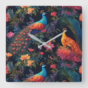 Elegant Blue and Gold Peacock in Colourful Garden Square Wall Clock