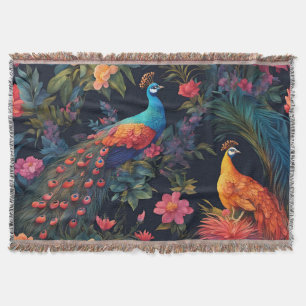 Elegant Blue and Gold Peacock in Colourful Garden Throw Blanket