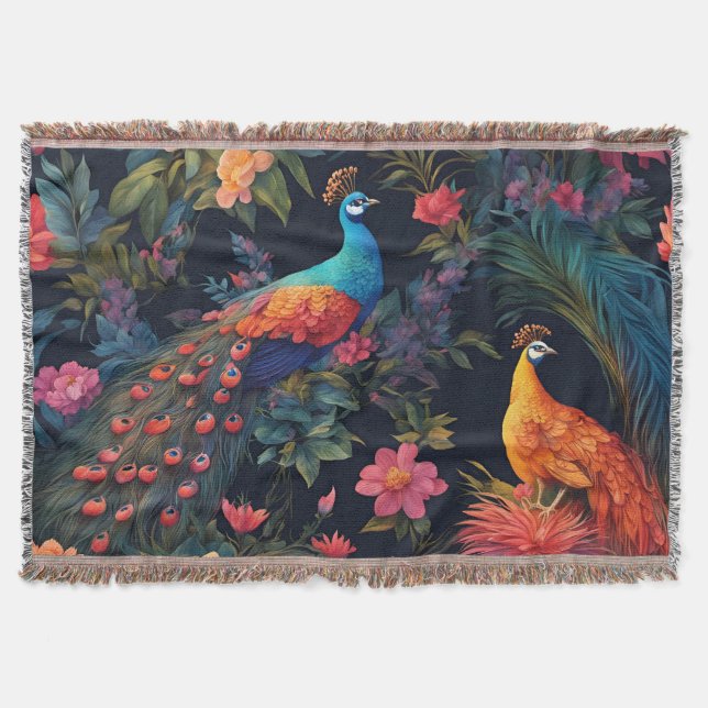Elegant Blue and Gold Peacock in Colourful Garden Throw Blanket (Front)