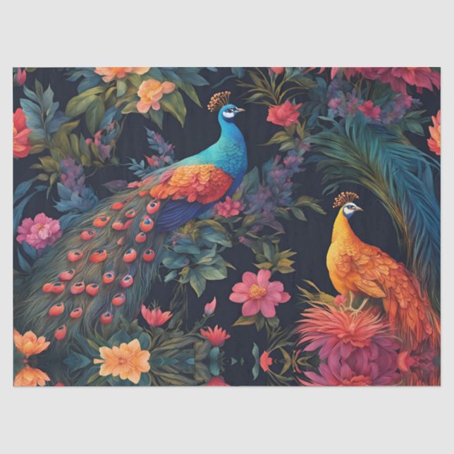 Elegant Blue and Gold Peacock in Colourful Garden Tissue Paper (Front)