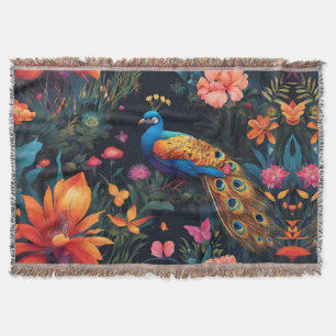 Elegant Blue and Gold Peacock in Pink Garden Throw Blanket