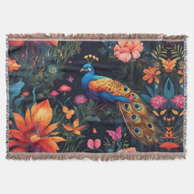 Elegant Blue and Gold Peacock in Pink Garden Throw Blanket (Front)