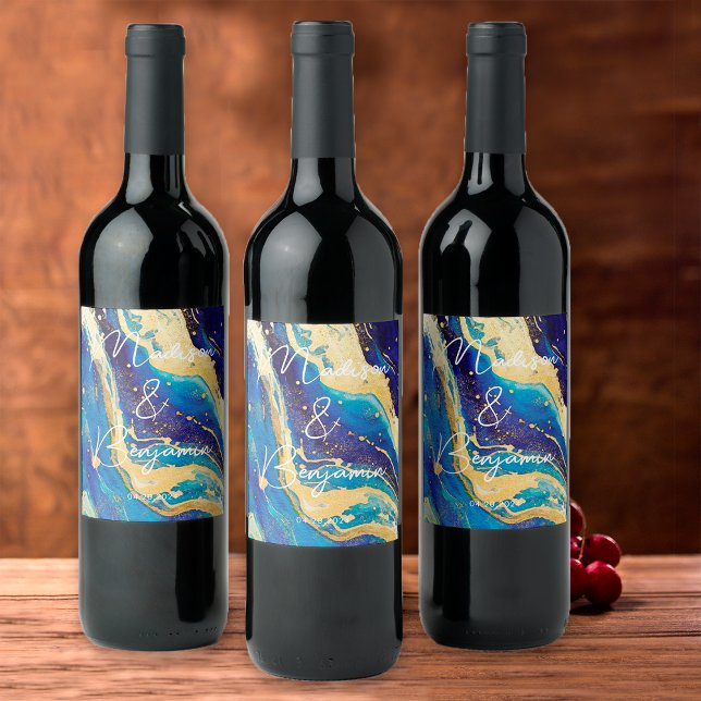 Elegant Blue and Gold Personalized Wedding Wine Wine Label (Creator Uploaded)