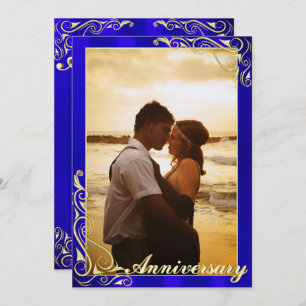 Elegant Blue and Gold Photo Anniversary Invitation
