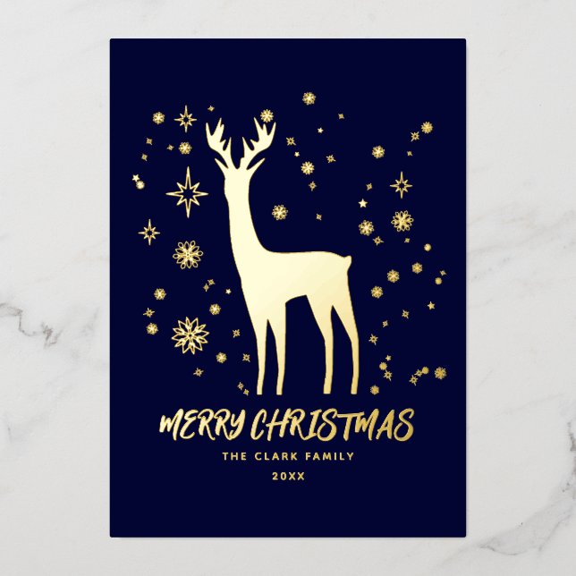 Elegant Blue and Gold Reindeer Merry Christmas Foil Holiday Card (Front)