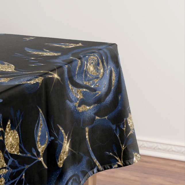 Elegant Blue and Gold Rose Floral Pattern Tablecloth (In Situ)
