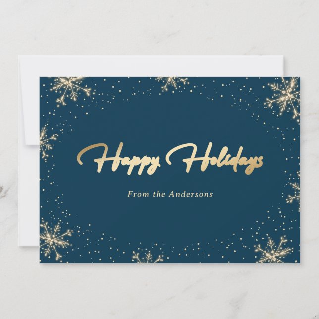 Elegant Blue and Gold Snowflake Holiday Card (Front)
