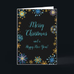 Elegant Blue and Gold Snowflakes Merry Christmas Holiday Card<br><div class="desc">A beautiful Christmas card design featuring elegant turquoise blue and gold snowflakes on a black background. Inside there is a space for a message. A perfect way to greet your friends and relatives in this festive season. The background colour and text can be changed to suit your own requirements. Graphics...</div>