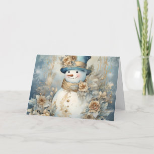 Elegant Blue and Gold Snowman Holiday Design Card