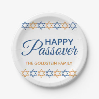 Elegant Blue and Gold Star of David Happy Passover Paper Plate