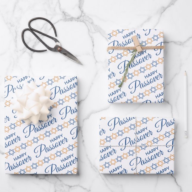 Elegant Blue and Gold Star of David Happy Passover Wrapping Paper Sheet (Front)