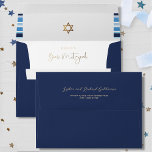 Elegant Blue and Gold striped Tallit Bar Mitzvah Envelope<br><div class="desc">Elevate your invitations with our coordinating Navy blue Bar Mitzvah envelope. Design coordinating our "Blue and Gold Striped Tallit Bar Mitzvah" invitation with beautiful Tallit style blue, navy, and white stripes and faux gold foil details. Option to customize this design with the name inside and the parent's names and address...</div>