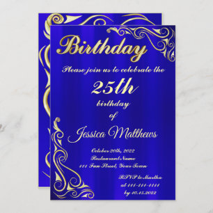 Elegant Blue and Gold Typography Custom Birthday Invitation