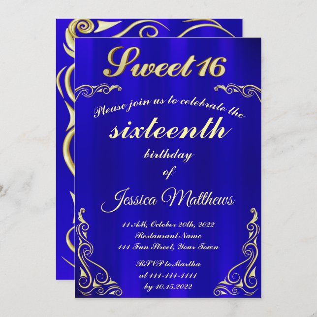 Elegant Blue and Gold Typography Sweet 16 Invitation (Front/Back)