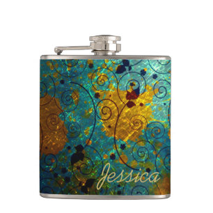 Elegant Blue and Gold Vine Abstract Personalised Hip Flask