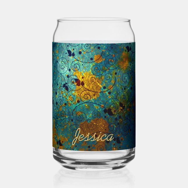 Elegant Blue and Gold Vine Personalised Can Glass (Front)