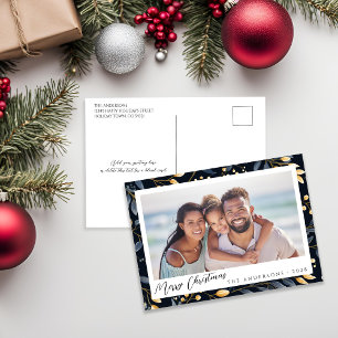 Elegant Blue And Gold Vintage Leaves Holiday Photo Postcard