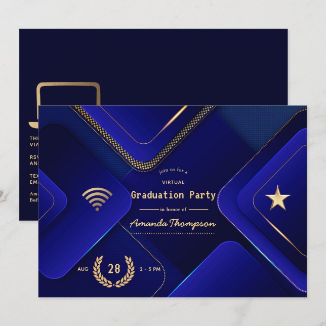 Elegant Blue and Gold Virtual Graduation Party Invitation (Front/Back)
