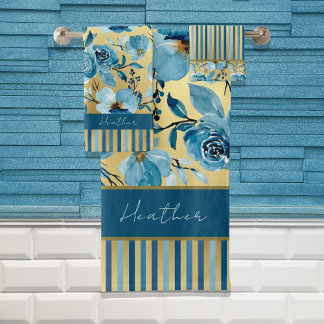 Elegant Blue and Gold Watercolor Floral Striped   Bath Towel Set