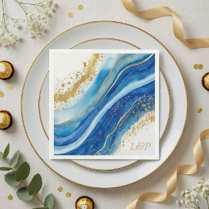 Elegant Blue and Gold watercolor Monogram Napkin