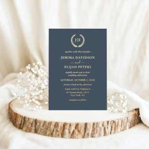 Elegant Blue and Gold Wreath Monogram Wedding
