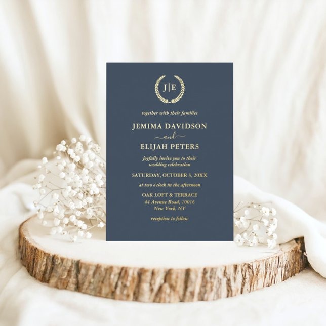Elegant Blue and Gold Wreath Monogram Wedding (Creator Uploaded)