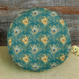 Elegant Blue and Golden Peacock Feathers on Green Round Pillow