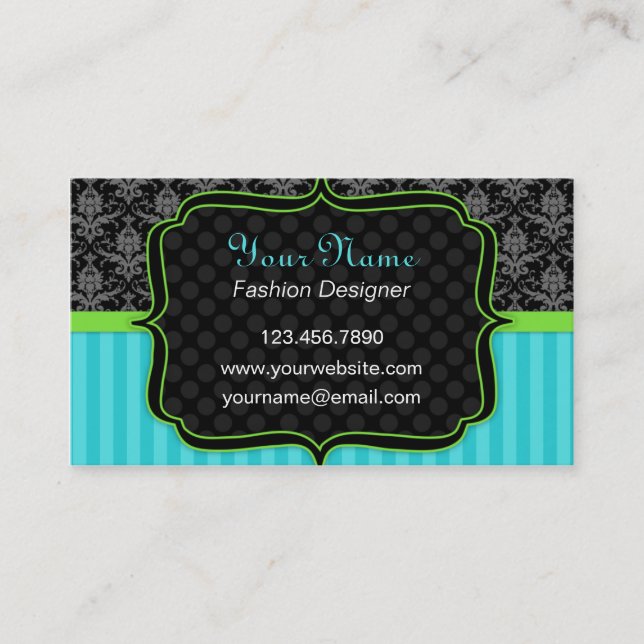 Elegant Blue and Green, Black Damask Business Card (Front)