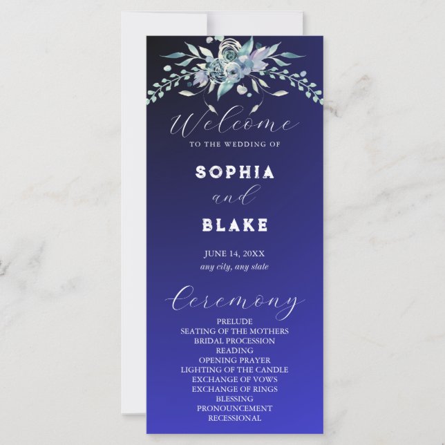 Elegant Blue and Green Floral Blue Wedding Program (Front)