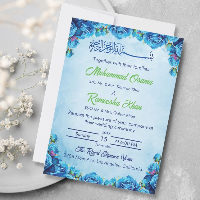  Elegant Blue and Green Floral Islamic Wedding Invitation (Creator Uploaded)