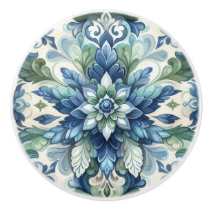 Elegant Blue and Green Floral Ornament Flourish Ceramic Knob